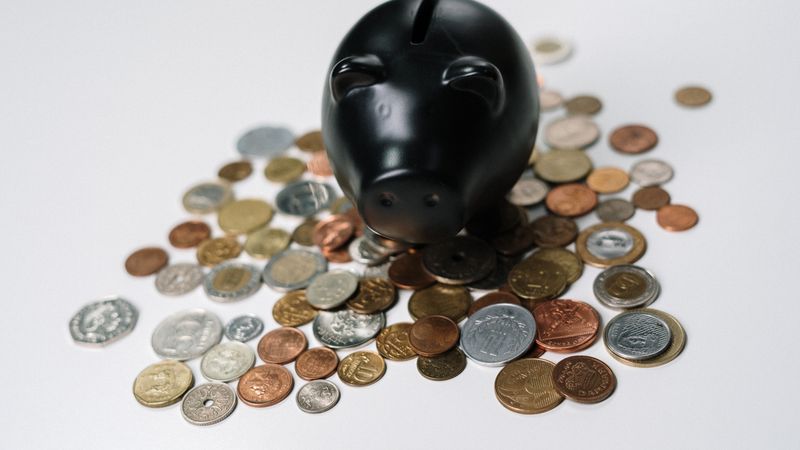 Piggy bank surrounded by coins — saving money on household costs